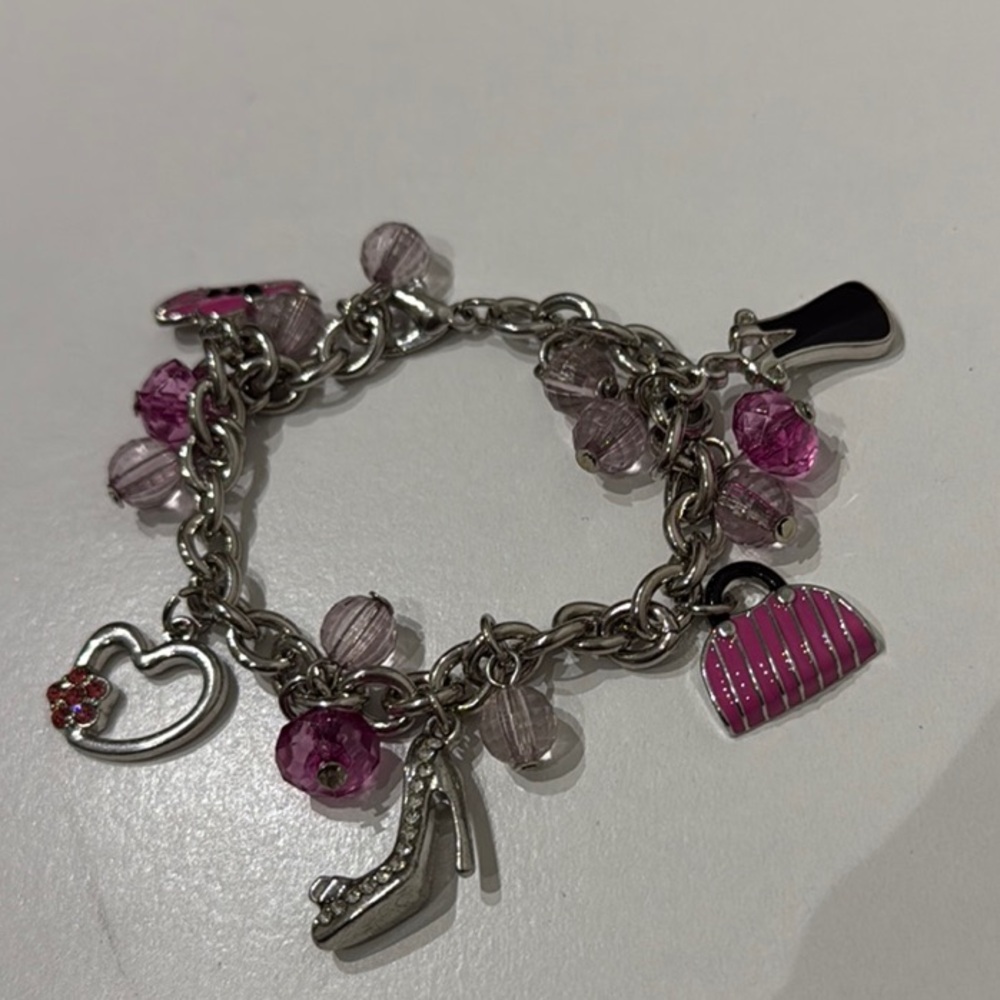 Silver Charm Bracelet with Pink Accents